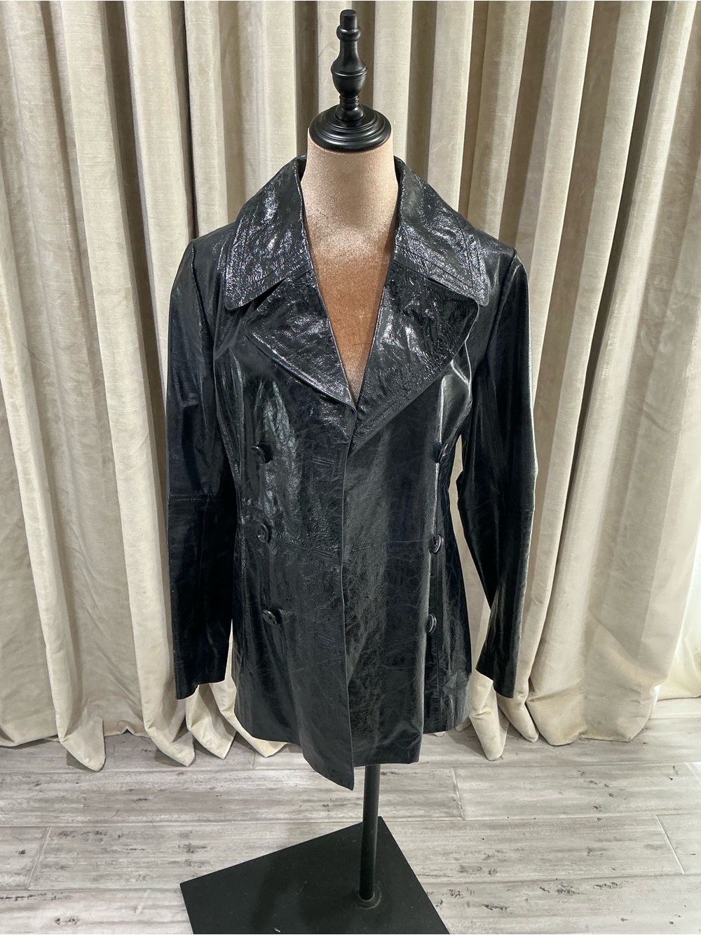 Halogen Black Shiny Double-Breasted Trench Coat